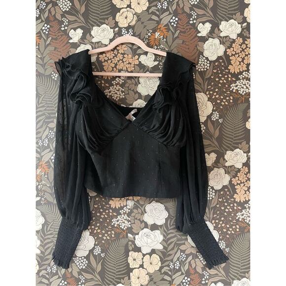 Hutch Women's Black Long Balloon Sleeves Reni Ruffles Metallic Top Size L - Picture 10 of 11